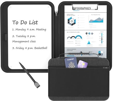 KDD Porte Documents A4 avec Planchette à Pince - Porte Bloc avec Reliure - Portfolio Multifonctionnel avec Fermeture à Glissière et Pochette Externe avec Poignée pour Bureau, Maison