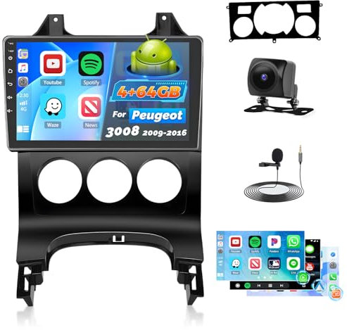 Roinvou 4+64G Android Autoradio pour Peugeot 3008 2009-2016 sans Fil CarPlay Android Auto MirrorLink, 9 Pouces Écran Tactile Radio avec Bluetooth WiFi GPS 32EQ FM/RDS SWC Camera de Recul