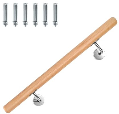 Jiubiaz Handlauf Buche, Treppengeländer Geländer mit Wandhalterung und Endkappen, Rutschfester Holzhandlauf Ø 42mm, Wandhandlauf Treppengeländer für Treppen Balkon, Länge:80 cm