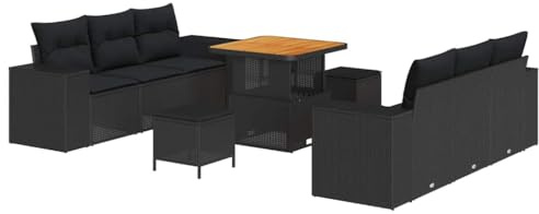 vidaXL 9-teiliges Garten-Sofa-Set mit Kissen in Schwarz aus Poly-Rattan und Stahl – modular für Terrasse und Balkon, perfekte Lounge-Möbel und Deko
