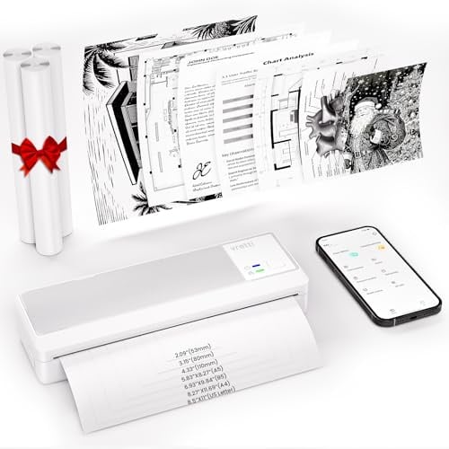 vretti Thermodrucker A4, Kleiner Drucker mit 3 Rollen Papier | kompatibel mit Windows/macOS/iOS/Android,Tragbarer Drucker unterstützt für Zuhause,Büro,Foto,Weiß
