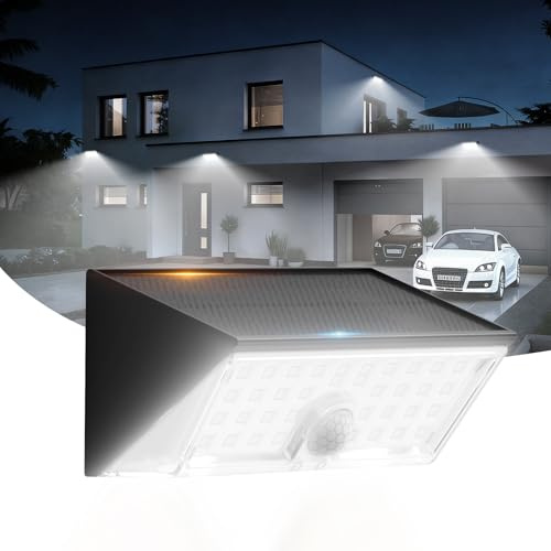 Smiling Shark WL-06L Solarlampen Außen mit Bewegungsmelder, Doppelfunktion LED Wandleuchte Solar Außen 4 Modi IP65 Wasserdichte Superhelle Solarleuchte Kaltweiß für Garten Terrasse Garage