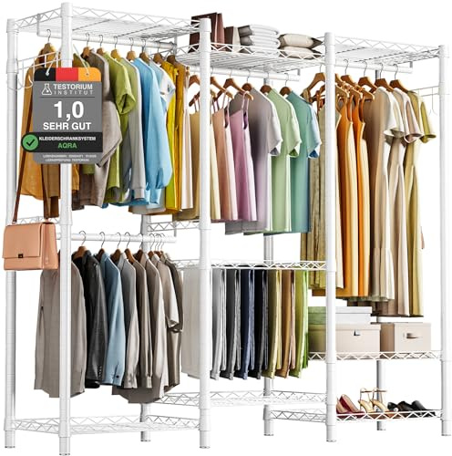 AQRA Offener Kleiderschrank aus Metall, Schwerlast Kleiderständer Weiß | 4 Montagevarianten, Höhenverstellbare Ablagen, Maße 172×194×38cm, Kinderleichte Montage ohne Zusatzwerkzeug