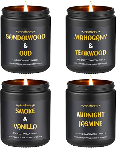Duftkerzen für Männer, 4 x Herrenkerzen, 765g Sojawachs, 200 Stunden Brenndauer, Entspannungsgeschenk für Männer, Sandelholz-Oud/Mahagoni-Teakholz/Rauchige Vanille/Jasmin-Kerzen-Geschenkset