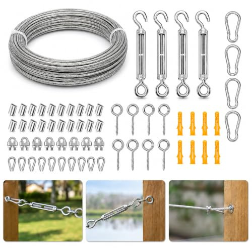 63 Pezzi Cavo Acciaio, Cavo in Acciaio Inox 30M 2mm | con Tenditori M5, Viti Occhiello, Morsetti Ghiere, per Tende Sole, Piante Rampicanti e Stendibiancheria Esterno