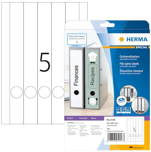 HERMA 5158 Ordnerrücken Etiketten lang schmal, 25 Blatt, 34 x 297 mm, 5 pro A4 Bogen, 125 Stück, selbstklebend, bedruckbar, blickdicht, blanko Papier Ordneretiketten Rückenschilder Aufkleber, weiß