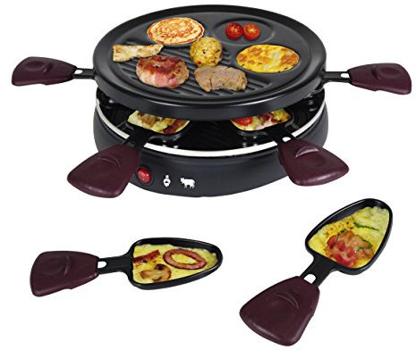 Team Kalorik Appareil à Raclette et Grill Multifonctions pour 6 Personnes, Forme Ronde, 6 Coupelles Incluses, 800 W, Noir, TKG RAC 1008 CS