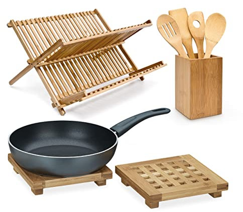 Relaxdays 3 TLG. Küchen Set, Abtropfgestell Geschirr, Kochlöffel, Pfannenwender, Untersetzer, Geschirrständer, Rührlöffel Behälter