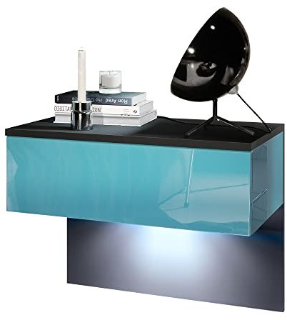 Vladon Nachttisch Sleep, Made in Germany, Nachttischschrank mit Schublade zur Wandmontage, Schwarz matt/Petrol Hochglanz, inkl. LED-Beleuchtung (60 x 46 x 35 cm)