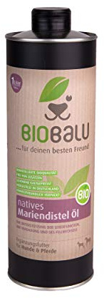 Biobalu Bio Mariendistelöl | Ergänzungsfuttermittel für Hunde und Pferde | Barf Öl zur Unterstützung der Leberfunktion und des Fellwechsels (1000 ml)