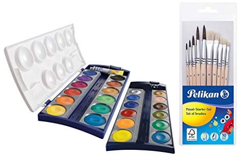 Pelikan Unisex Jugend 720631 K24, 24 Qualitätsfarben und 1 Tube Deckweiß (7,5 ml), nach Din 5023 (Deckfarbkasten + Pinselset 10tlg.), Mehrfarbig, Set