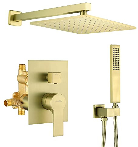 SHAMANDA Pressure Balancing Shower System Bathroom 10-Inch Rain Shower Head with Handheld Mixer Shower Combo Set, Brushed Gold Shower Faucet with Rough-in Valve Body and Trim, Wall Mount, L701-3