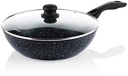 Westinghouse Black Marble WHP131 - Padella wok da 30 cm, rivestimento antiaderente in marmo a 3 strati, in alluminio forgiato, adatta a induzione, manico rivestito in silicone, lavabile in