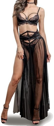 LOVE YOU SEXY Damen-Dessous-Set aus Spitze, Spitzen-BH und Gürtel mit langem, transparentem Netzkleid, Nachthemd mit G-String, 4-teiliges Dessous-Set, Schwarz 70B