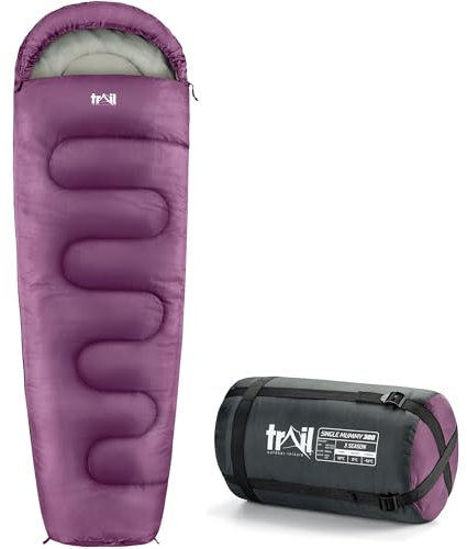Trail 1-Personen Schlafsack für Erwachsene – Schlafsack 3 Jahreszeiten, Outdoor Frühling Herbst Winter – 300 GSM – für Camping im Freien – Innentaschen - Leichter Kompressionssack - Lila