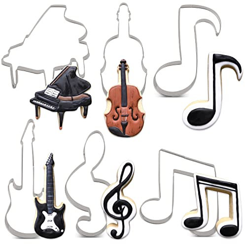 LILIAO Keksausstecher Set mit Musik, 6 Stück, Violine, Klavier, E-Gitarre, Musiknote, G-Notenschlüssel und Achtte Note, Keks Fondant Ausstechformen aus Edelstahl