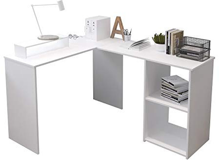 Hadwin 132 x 102cm L-Shape Computer Desk with Shelves Storage, Wood Corner Desks Office Desk Workstation PC Gaming Desk Study Table for Home Office, White