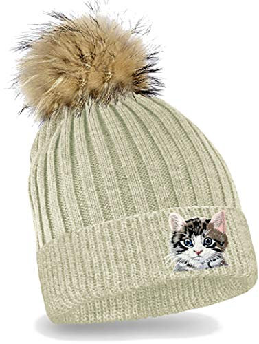 Blackshirt Company Kinder Mütze Katze Strickmütze mit Bommel Beanie Katzen Kappe Farbe Beige