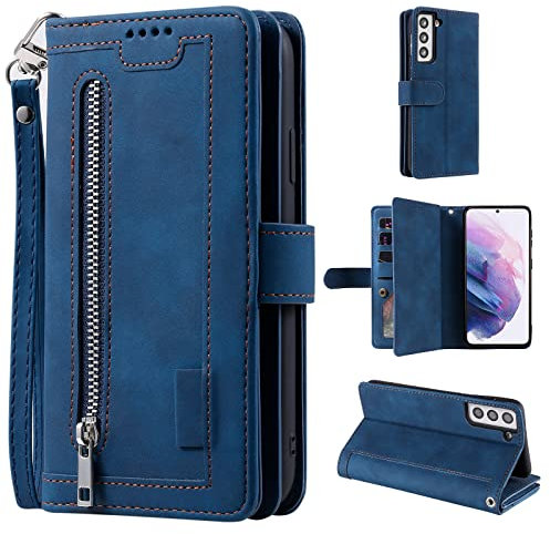 UEEBAI Coque pour Samsung Galaxy S21 5G, Etui en Cuir PU Portefeuille Rétro Antichoc Flip Case Anti-Choc Housse avec Fentes de Cartes Fonction Support, Fermeture Magnétique - Bleu