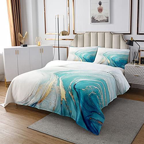 Marmor Tagesdecke für Jungen Teens Männer Golden Blue Marmor Bettdecke Set 170x210 Größe Steinmuster Tie Dye Türkis Teal Bettdecke Set Kinder Mädchen Moderne Abstrakte Kunst Bettdecke Quilt Set