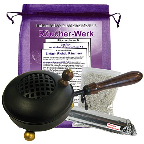 RÄUCHERPFANNE & WEIHRAUCHBRENNER 26cm mit Griff 7-TLG Set zum AUSRÄUCHERN für Räucherwerk, Räuchergefäß, Räucherschale, Räucherstövchen & Räucherstäbchenhalter in EINEM mit ZUBEHÖR. 3164G-1