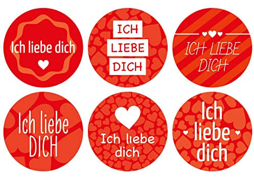 48 kleine runde Etiketten Thema Liebe, Valentinstag, Hochzeit mit 6 Motiven Ich liebe Dich Rot Herzen Set