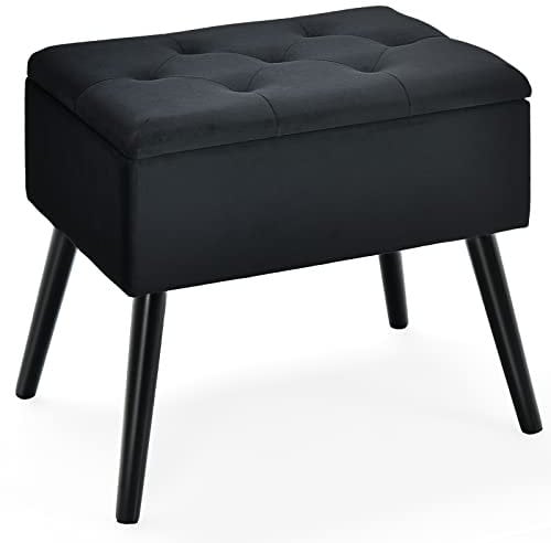 COSTWAY Flip Top Velvet Footstool, Modern Upholstered Dressing Vanity Stool Seat with Solid Wood Legs, Pouffe Storage Ottoman Footrest for Bedroom, Living Room and Hallway (Black)