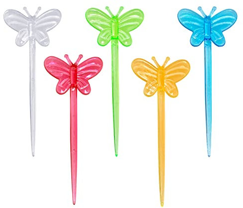 JIHUOO 200 palillos de plástico para cóctel, palillos de frutas de mariposa, palillos de alimentos, bebidas, palillos de aperitivo, brochetas, suministros de fiesta para boda, baby shower, multicolor
