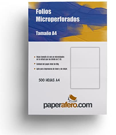 Paperafero A4 perforierte Folien, 500 Blatt, A4, 80 g, mit einer Mikrobohrung in der Hälfte, die sie in 2 A5 teilt, geeignet für Toner- und Inkjet-Drucker, A4-Papier und Schreibwaren (500)