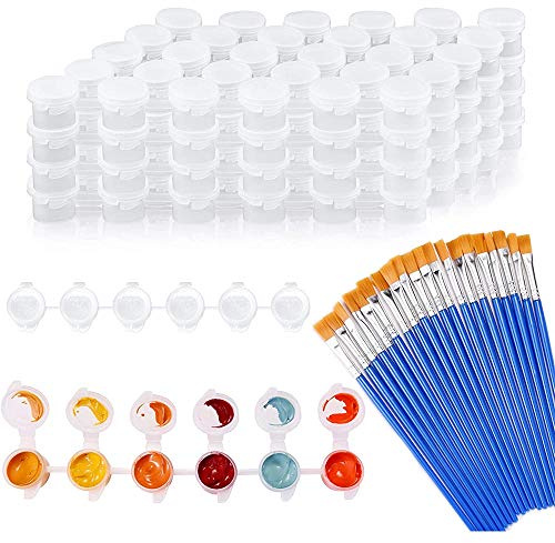 Zunedhys 20 Strips 120 Pots Empty Paint Pots Strips Mini Clear Storage Containers and 20 Pcs Paint Brushes Arts Crafts