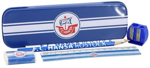 FC Hansa Rostock Schulset, mit Lineal Anspitzer Radiergummi Metallbox und Bleistiften