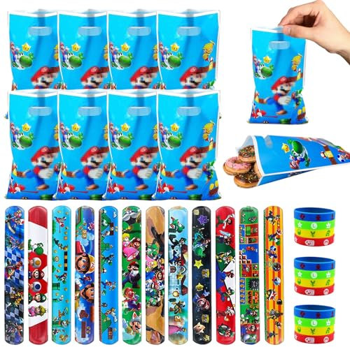 TASAHNI 34 Stück Ma-rio Party Mitgebsel Set mariparty Geburtstag Ma-rio slap bracelet für kinder mit Silikonarmbänder Schnapparmbänder Bonbontüten für Geschenke Kindergeburtstag Mitgebsel set