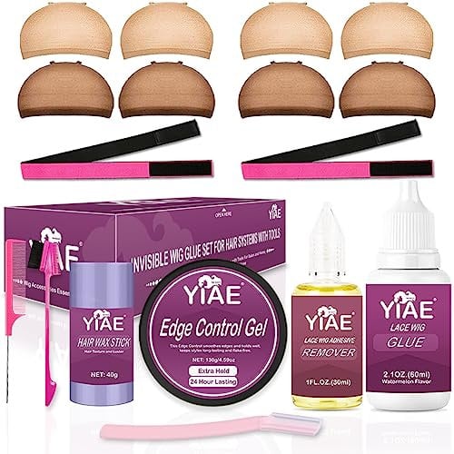 YIAE Wig Accessories Set - Lace Front Wig Glue, 60ml Waterproof, Hair Wax Stick, Edge Control Kit - 17Pcs