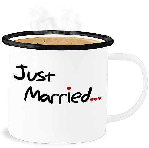 Emaille Becher Blechbecher - Hochzeit - Tassen - Just Married - 300 ml - Weiß Schwarz - heirat hochzeitsgeschenk heiraten hochzeitsgeschenke hochzeits gastgeschenke geschenk geschenke
