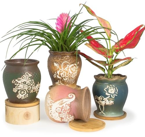 ARTKETTY Lot de 4 pots de plantes grasses avec drainage, pots de bonsaï émaillés avec plateau en céramique pour plantes d'intérieur