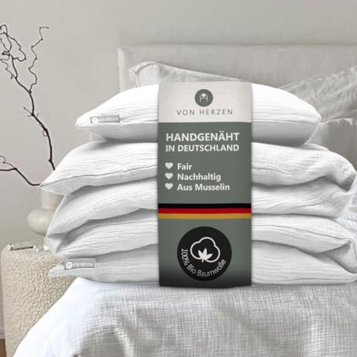 von Herzen Musselin Bettwäsche I weiche Bettwäsche I 100% Baumwolle I Bezug für Bettdecke + Kissen I Bettwäscheset mit Reißverschluss für Erwachsene I handgenäht I Weiß 155x220 / 80x80