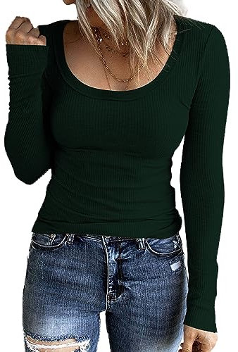TrendiMax Womens Long Sleeve Knitted Tops Ladies Crew Neck Fitted Tunic T Shirts Dark Green