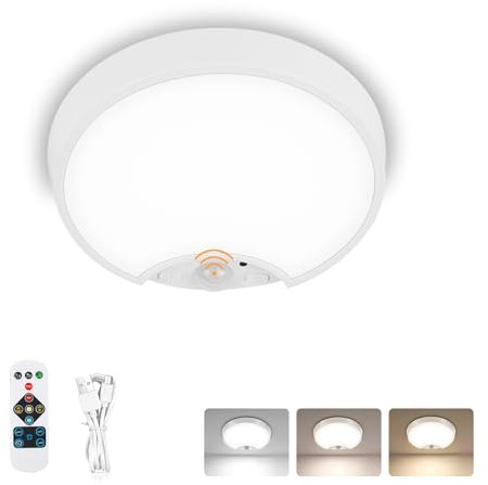 OMECO 3Farben LED Deckenleuchte Flach mit Bewegungsmelder Akku Deckenlampe mit batterie und fernbedienung 200LM 6500K Rund Dimmbar mit 3 Modi Batteriebetrieben für Bad Flur Küche Dachböden Treppe