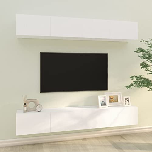 Festnight 4pz Set Mobili Porta TV, Mobile TV Sospeso, Mobile Soggiorno Moderno, Parete Attrezzata Soggiorno, in Legno Multistrato Bianco