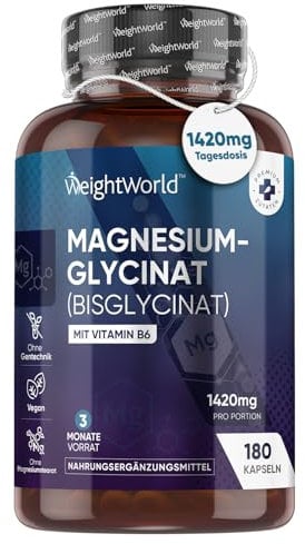Glicinato de Magnesio con Vitamina B6, Cápsulas de Bisglicinato de Magnesio en Polvo - 180 Cápsulas, Suministro para 3 Meses