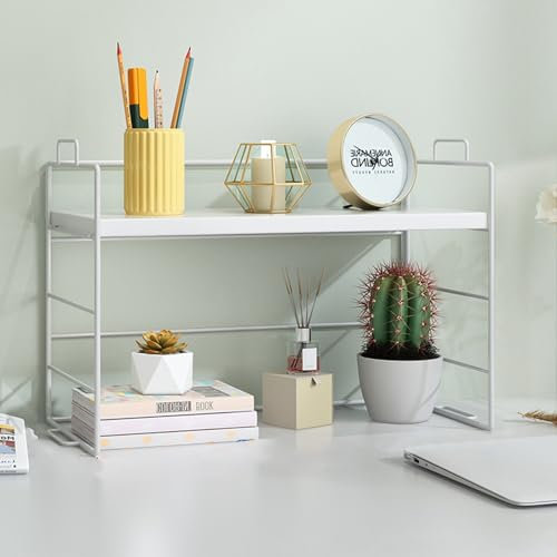 kyaoayo Desktop-Bücherregal Tischregale, 2 Schicht Schreibtisch-Organizer, Einstellbar Schreibtisch-Aufbewahrungsregal, Bücherregal, Küchenregal, Kosmetikregal (Weiß, Einzelregal 1 Etage), TS12
