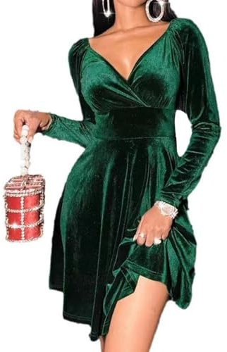 XIVISTO Vestidos de Fiesta Mujer Elegante Midi Vestido de Cóctel Ccuello en V Manga Larga Sexy Vestido de Noche Terciopelo