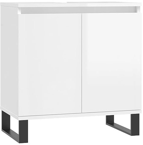 Gecheer Armadio,Mobile,Sottolavabo,da Bagno,in Multistrato,Bianco Lucido,58x33x60 cm,Mobile Lavabo Bagno,Mobile Sottolavabo,Mobile Lavabo,Mobile Bagno Moderno,Armadietto Sottolavabo,Piedi E