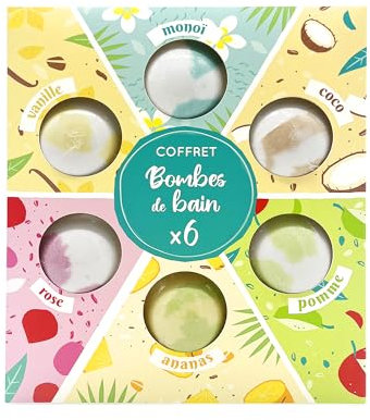 Set di 6 bombe da bagno, 6 x 120 g, effetto rilassante, momento relax, profumi monoi, vaniglia, cocco, ananas, mela, fiore di ciliegio, kit bomba bagno in schiuma, doccia, regalo da donna originale
