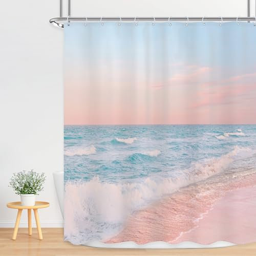 Ufeela Ozean-Strand-Duschvorhang, Sonnenaufgang, Meer, Wellen, Sommer, Küste, Sonnenuntergang, Hawaii, Landschaft, Rosa, Blau, Himmel, 152,4 x 183,9 cm, Badezimmer-Set, Strandlandschaft, Natur,