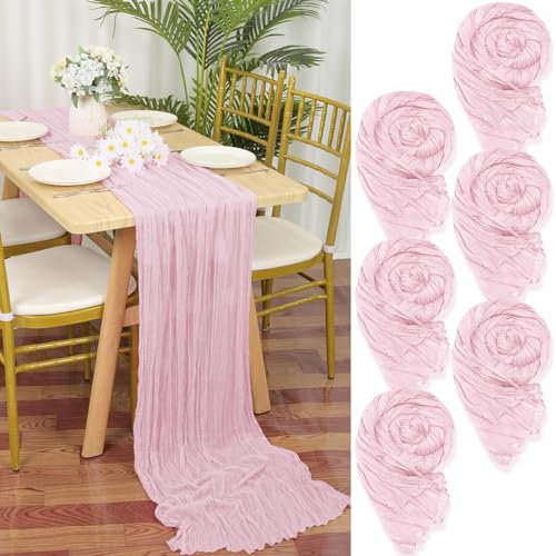 Lot de 6 Chemins de Table en étamine en Rose, 90 x 300cm en Tissu de Gaze Rustique,Rose décoration de Table de Mariage Nappe pour fête de Douche Nuptiale décorations de Table