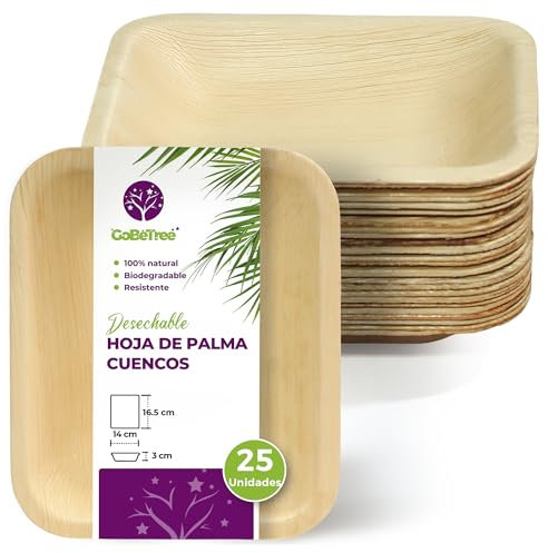 GoBeTree Cuencos Rectangulares de Hoja de Palma 16,5x14 cm, ecológicos, resistentes y elegantes para barbacoas, picnic, cumpleaños y eventos. Alternativa perfecta al bambú.