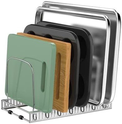 Housolution Cutting Board Organizer Rack, Baking Tray and Cookie Sheet Organizer with 7 Adjustable Dividers Anti-scratch Strips, Bakeware Muffin Tin Cupcake Pan Storage Organizer for Cabinet, Silver