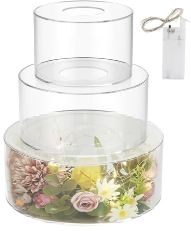 NIHUIFDPY 3 soportes para tartas rellenables de acrílico transparente con cadena de luz de 15 cm + 20 cm + 25 cm, centro de mesa apilable para cupcakes, cajas decorativas para bodas, baby shower,