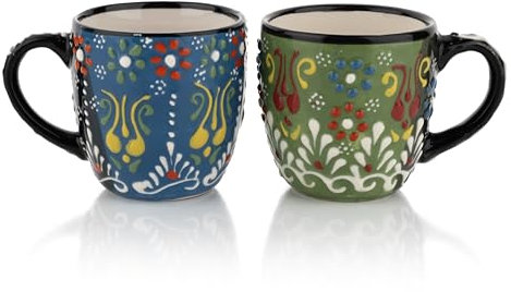 Ceramic Espresso Cups Set of 2-5.5 oz Cute Tea cups Demitasse Espresso cups with Handle, Modern Stackable Ceramic coffee cups Set for Lungo (Green/Blue)